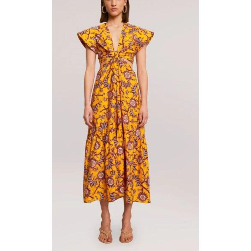 A.L.C. Yellow Floral Midi Dress with Purple Print